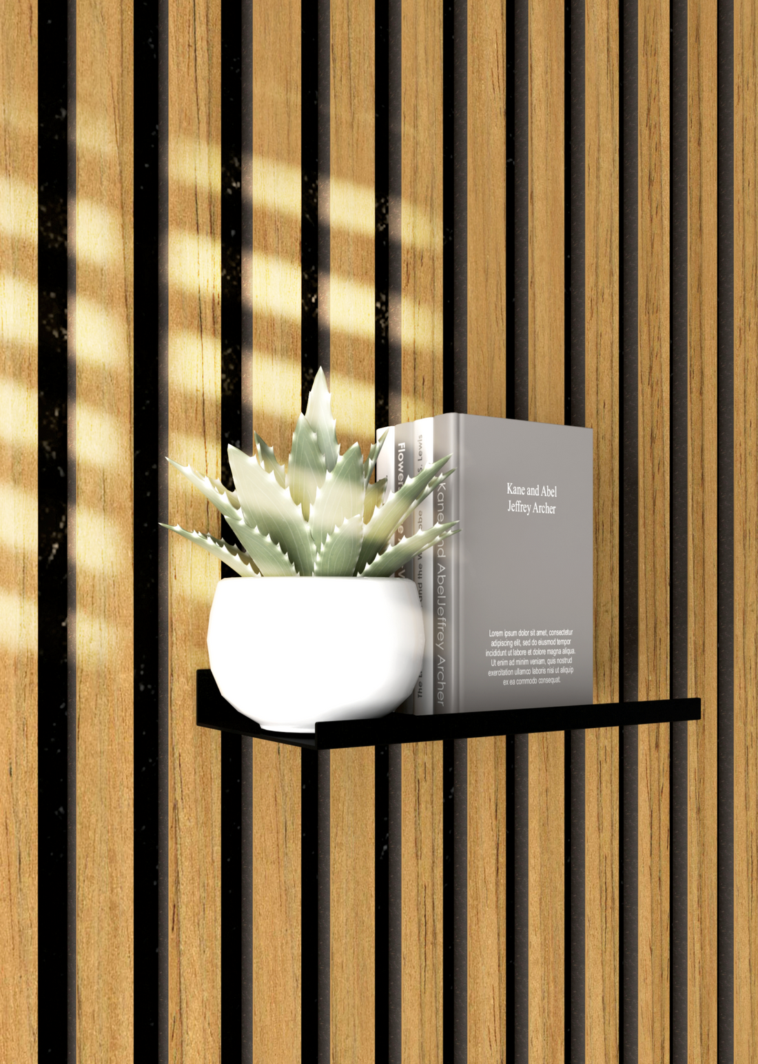 Matt black shelf hooked onto an oak acoustic slat wall