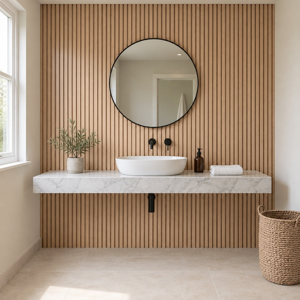 Oak Dry-Slat waterproof slat wall panels behind a floating marble vanity