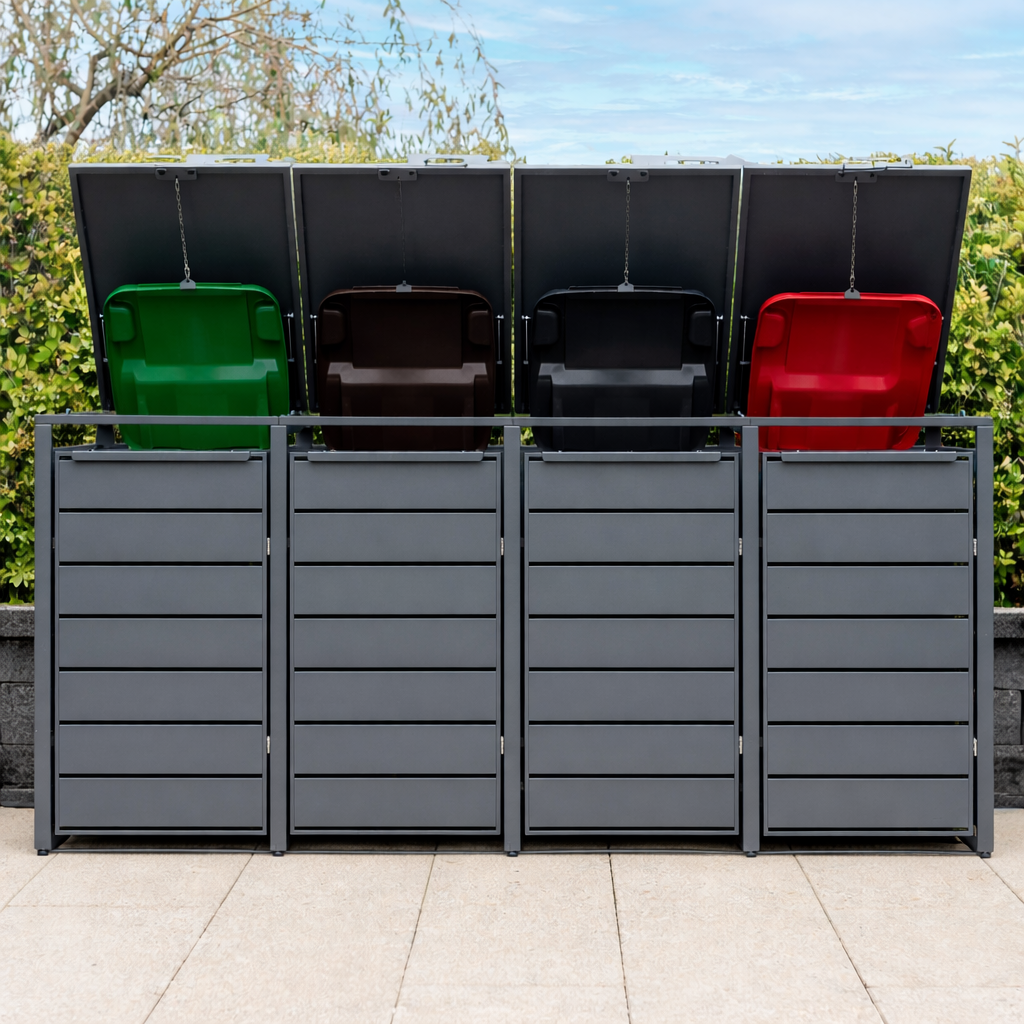 Galvanised Steel 4 Bin Store – Outdoor Metal Storage for 4 × 240L Bins – Recycling Shelf Available