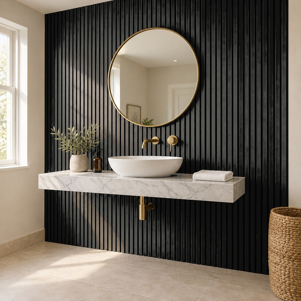 Black Dry-Slat waterproof slat wall panels behind a floating marble vanity in a UK bathroom
