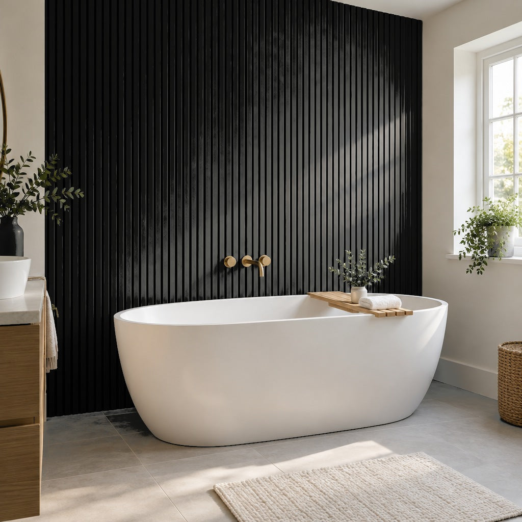 Black slat wall panels as a feature wall behind a freestanding bath