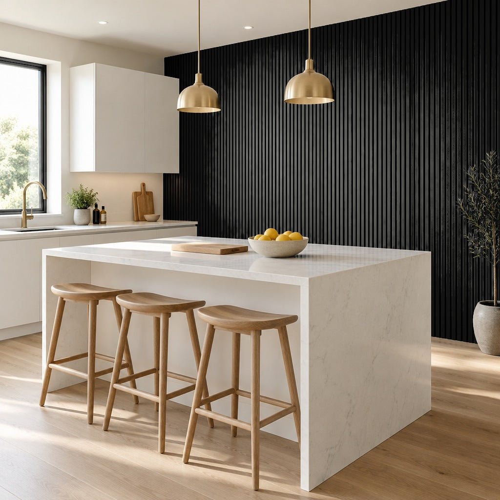Black slat wall panels as a kitchen feature wall behind an island