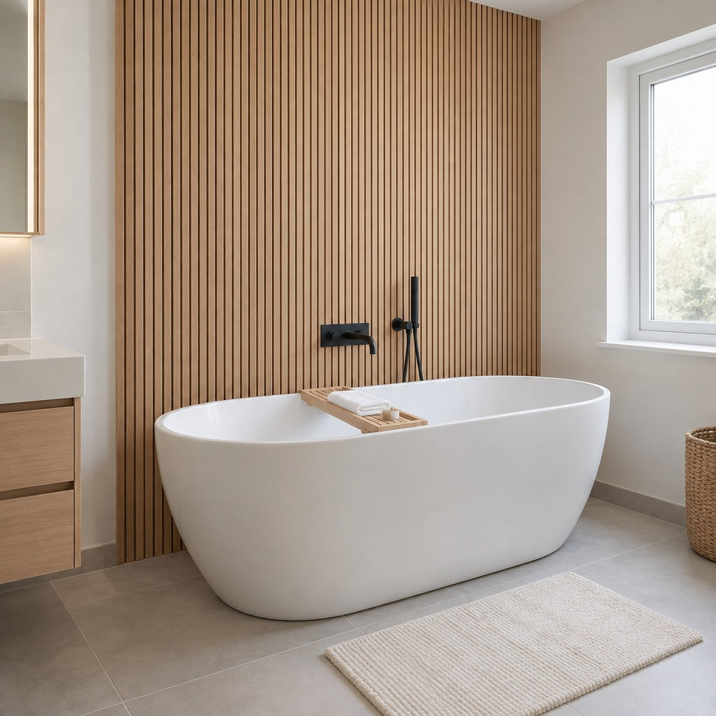 Oak slat wall panels as a feature wall behind a freestanding bath