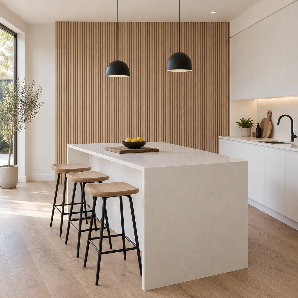 Oak slat wall panels as a kitchen feature wall behind an island