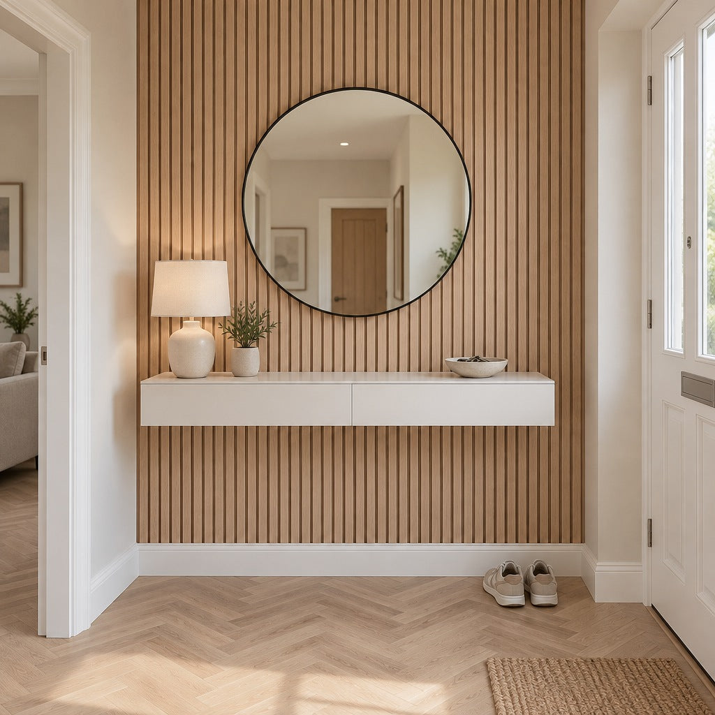 Oak slat wall panels on a hallway feature wall with a floating console