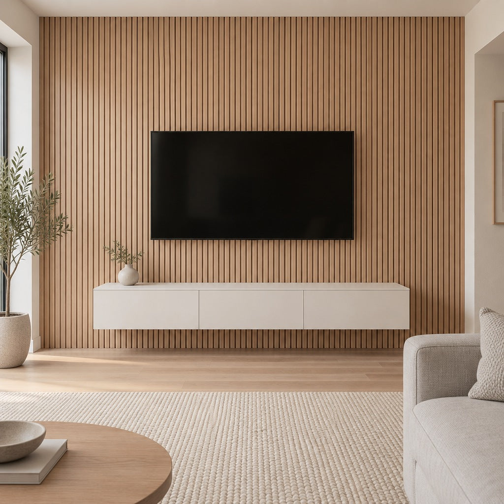 Oak slat wall panels as a living room TV feature wall
