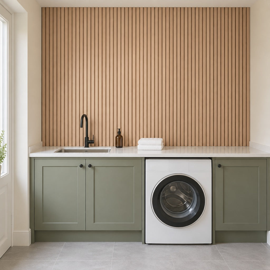 Oak slat wall panels above the worktop in a utility room