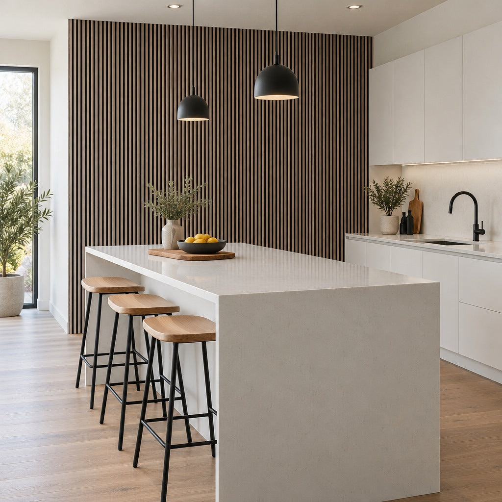 Walnut and black slat wall panels as a kitchen feature wall behind an island
