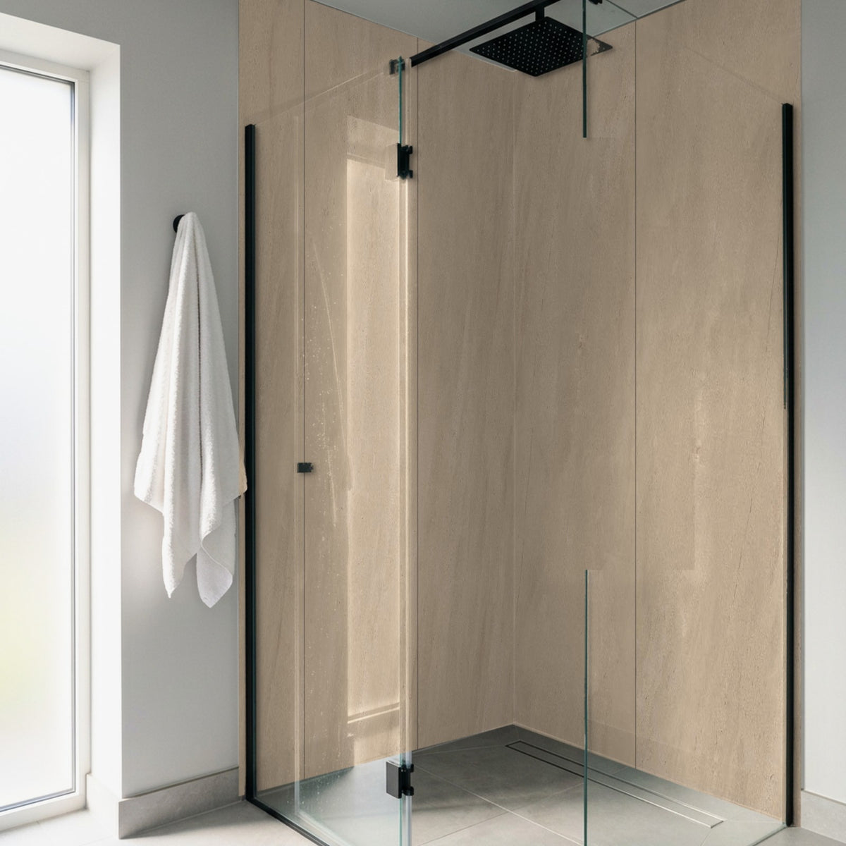 Beige stone-effect Rapid Stone wall panels in a corner walk-in shower