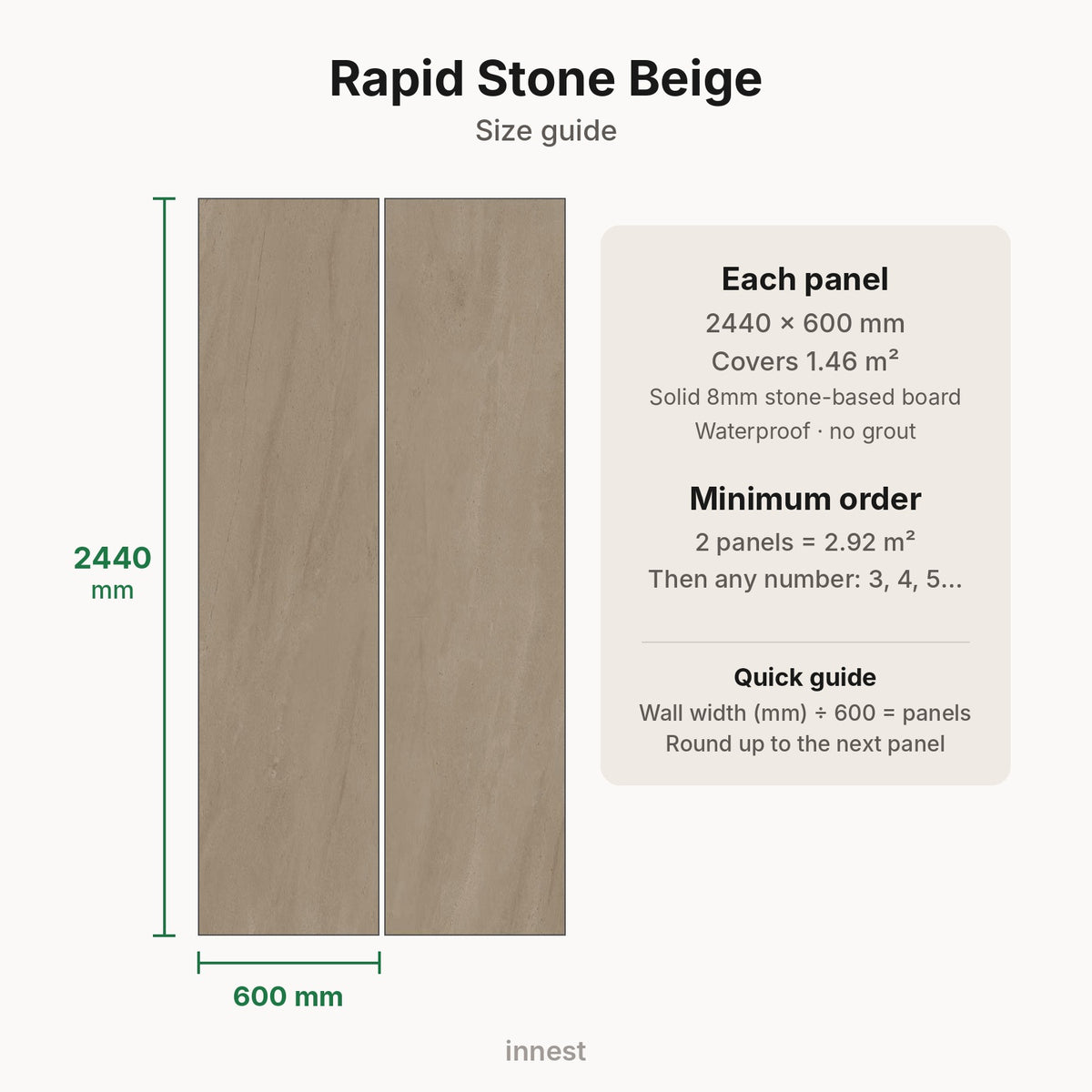 Rapid Stone Beige size guide – minimum order 2 panels