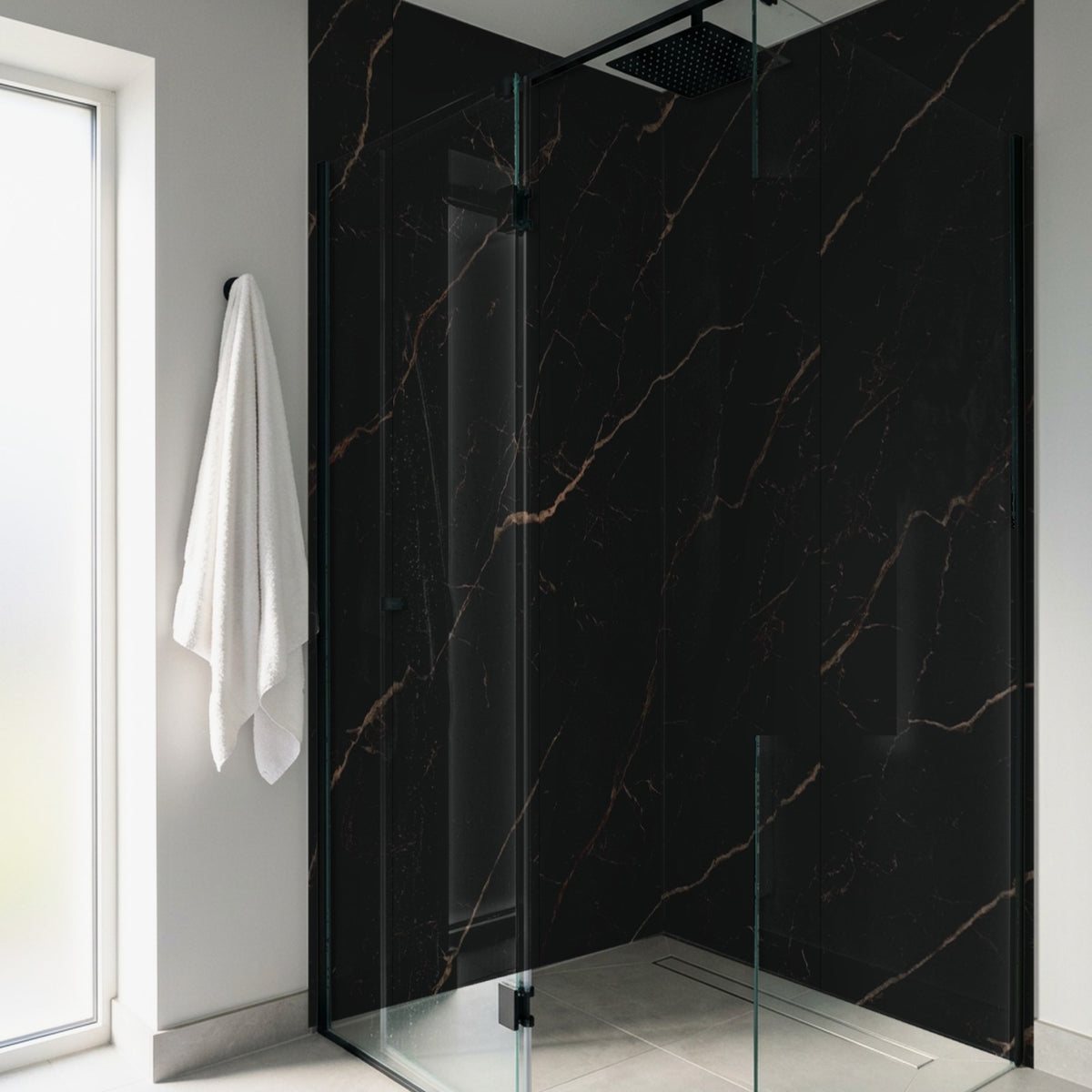 Black Gold marble Rapid Stone wall panels in a corner walk-in shower, vein continuous across panels