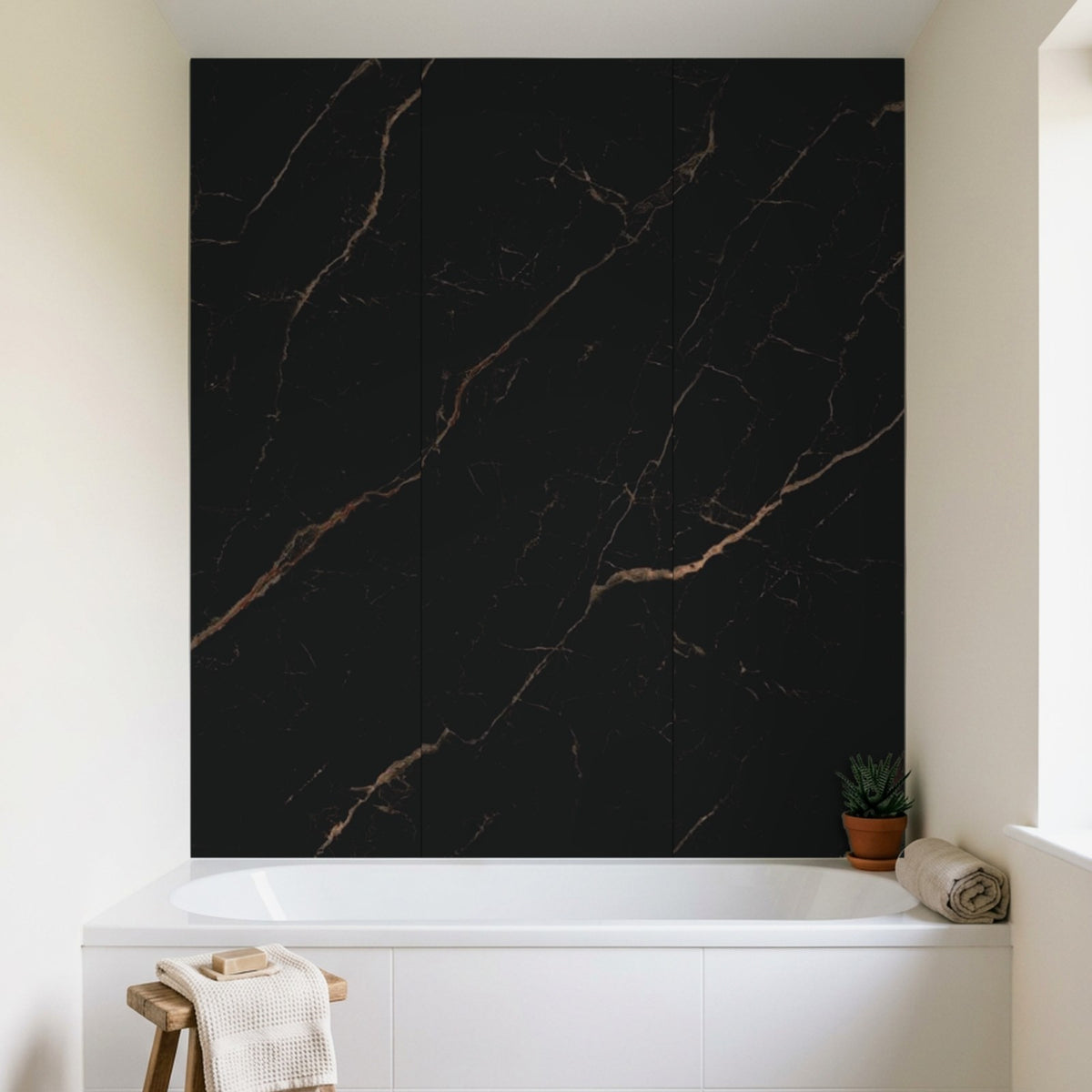Black Gold marble Rapid Stone wall panels above a bath
