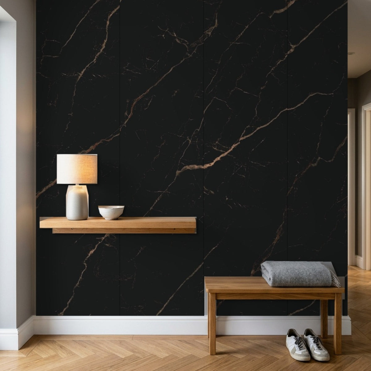Rapid Stone Black Gold marble effect panels as a hallway feature wall
