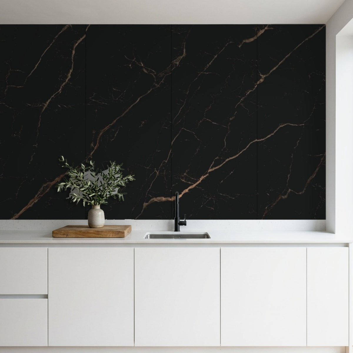 Rapid Stone Black Gold marble effect wall panels as a kitchen feature wall