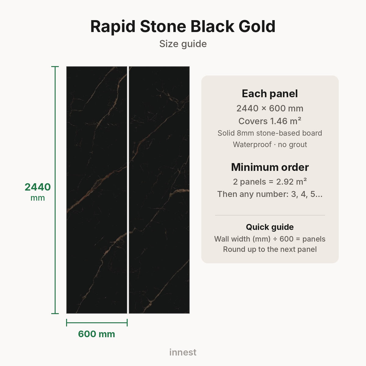 Rapid Stone Black Gold size guide – minimum order 2 panels