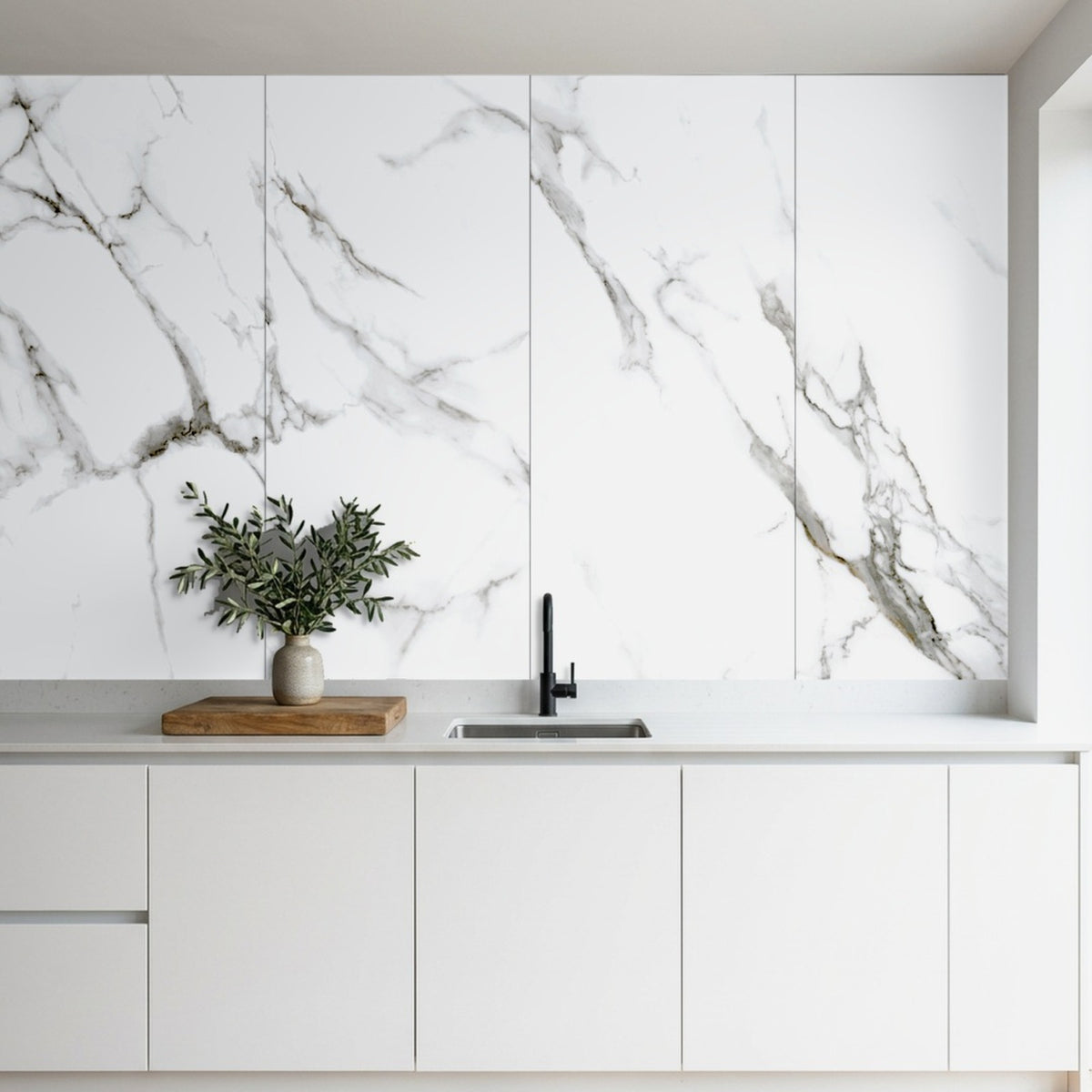 Rapid Stone Carrera marble effect wall panels as a kitchen feature wall