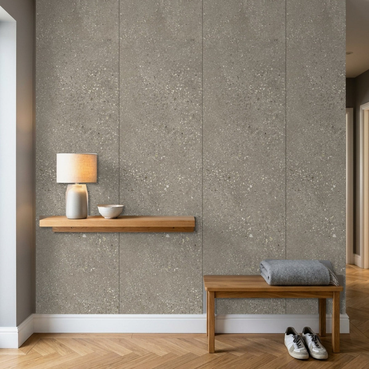 Rapid Stone Concrete effect panels as a hallway feature wall
