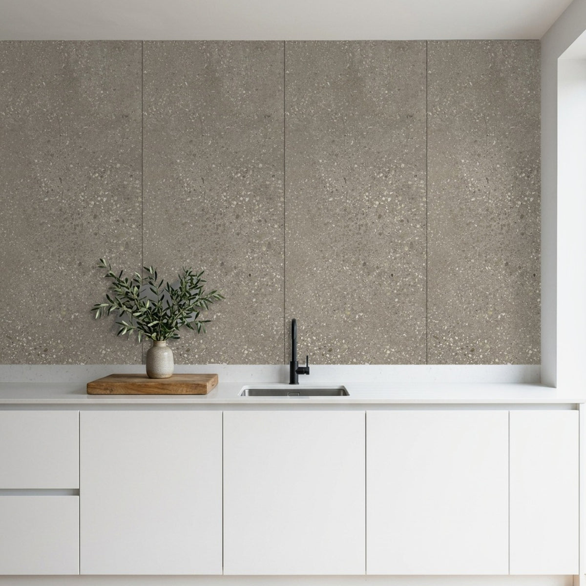 Rapid Stone Concrete effect wall panels as a kitchen feature wall