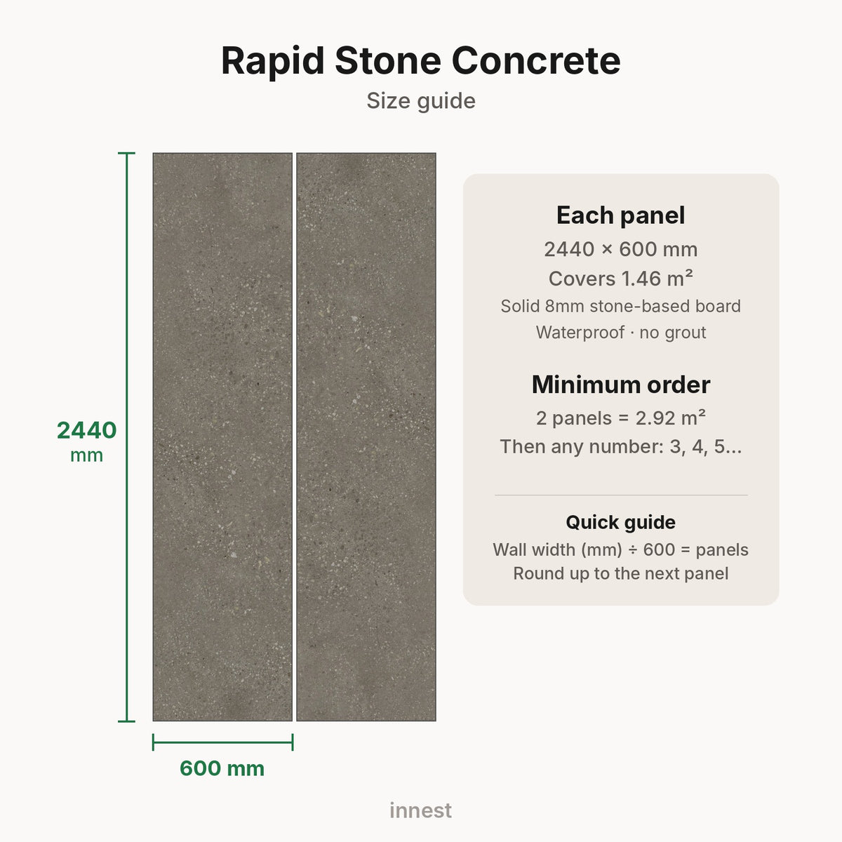 Rapid Stone Concrete size guide – minimum order 2 panels