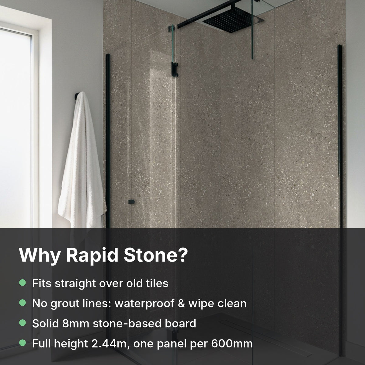 Why Rapid Stone Concrete: fits over old tiles, no grout, waterproof, solid 8mm board