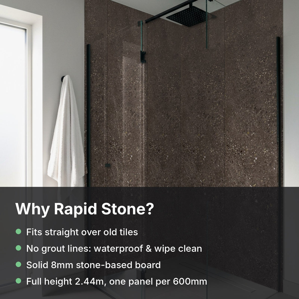 Why Rapid Stone Pewter: fits over old tiles, no grout, waterproof, solid 8mm board
