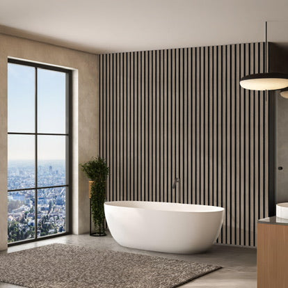 Dry-Slat™ Waterproof Walnut & Black Slat Wall Panels – Bathroom & Kitchen Wall Cladding