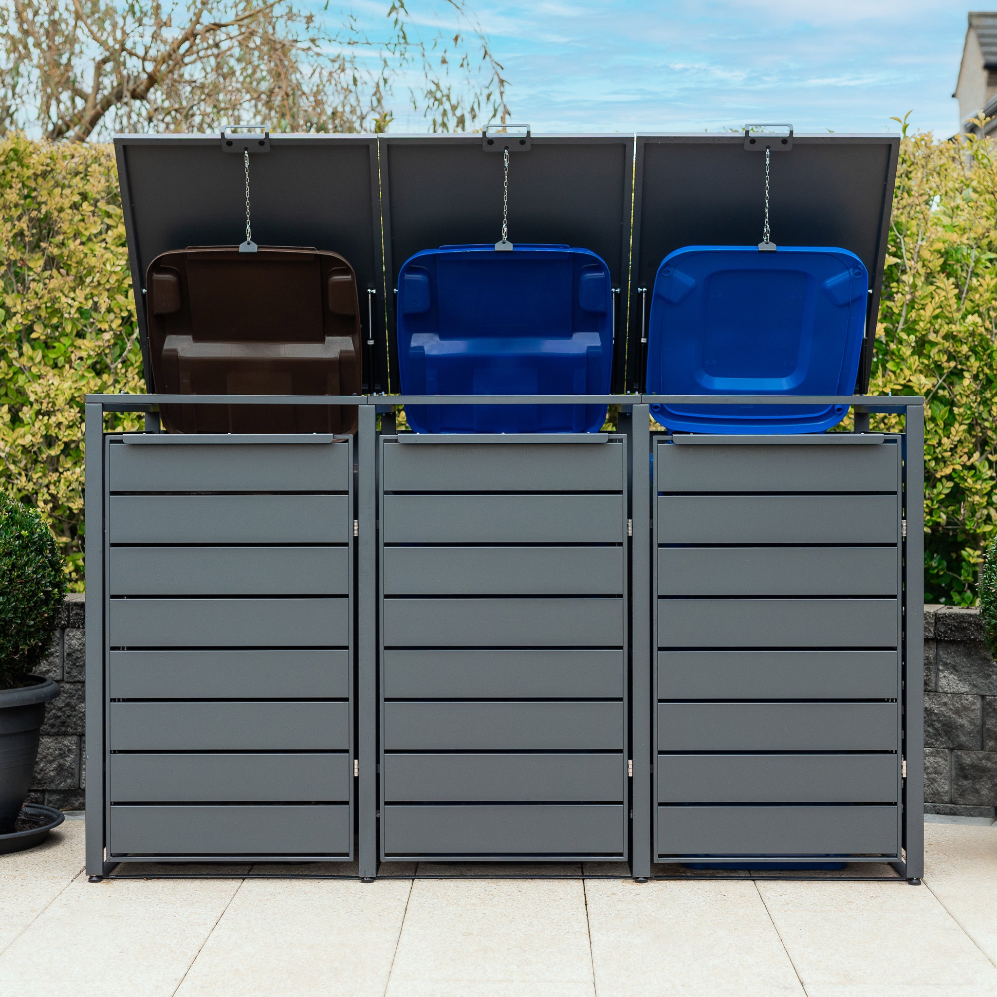 Galvanised Steel Triple Wheelie Bin Store – Outdoor Metal Storage for 3 × 240L Bins – Recycling Shelf Available