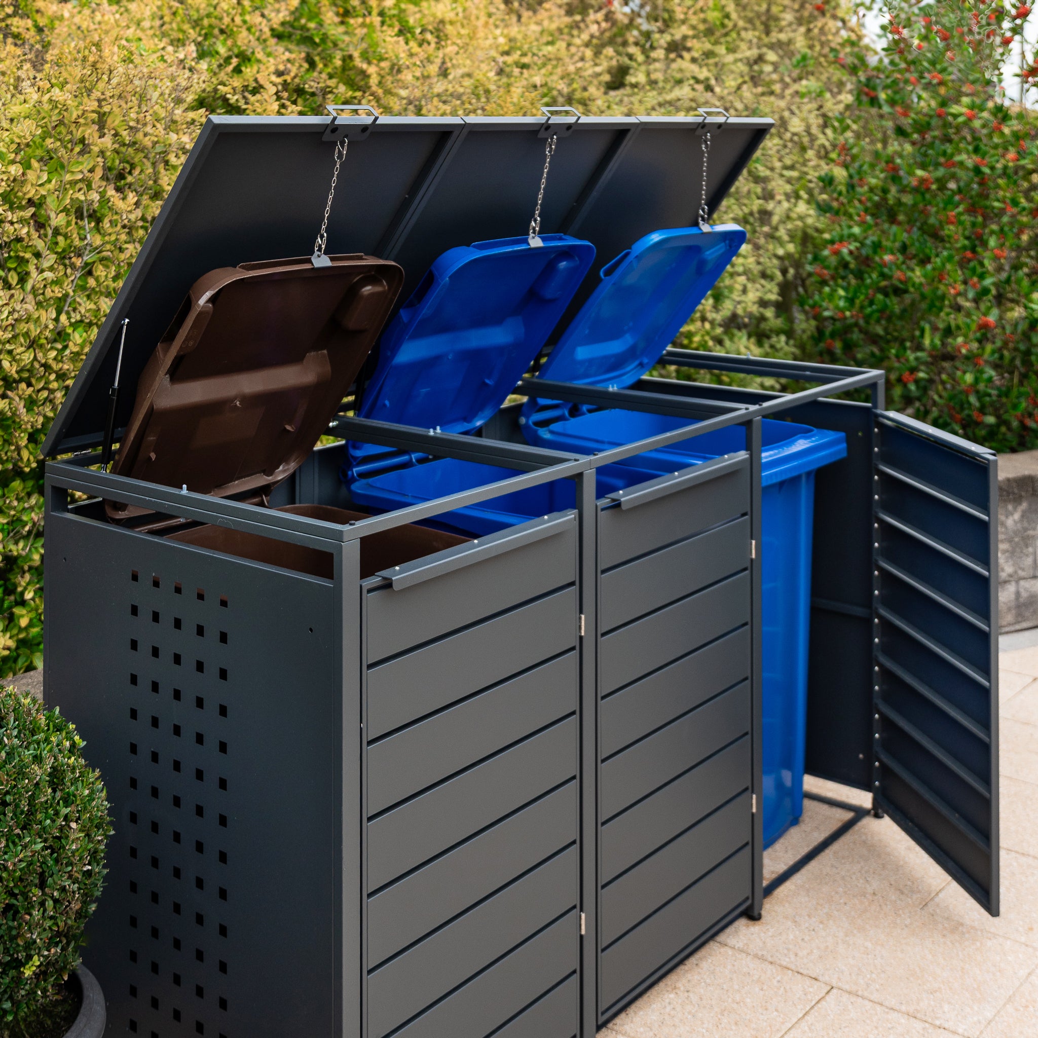 Galvanised Steel Triple Wheelie Bin Store – Outdoor Metal Storage for 3 × 240L Bins – Recycling Shelf Available